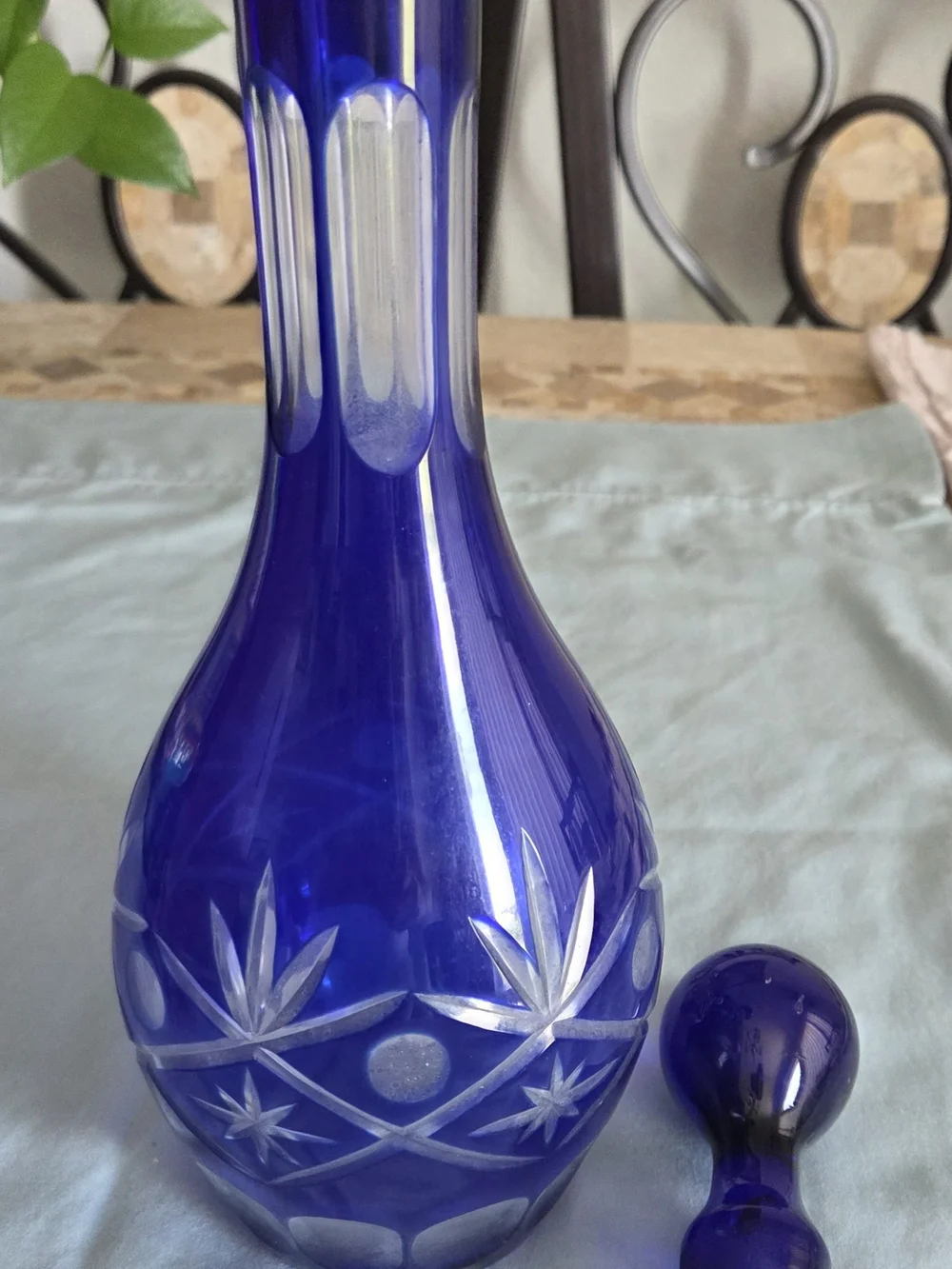 Cobalt Blue Cut-Glass Decanter with Stopper